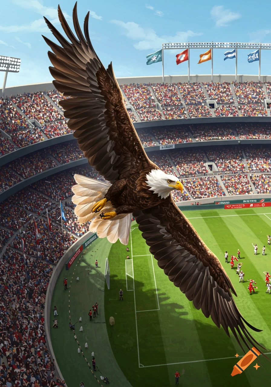 A large bald eagle with outstretched wings flies over a crowded soccer stadium during a match, seen from above.