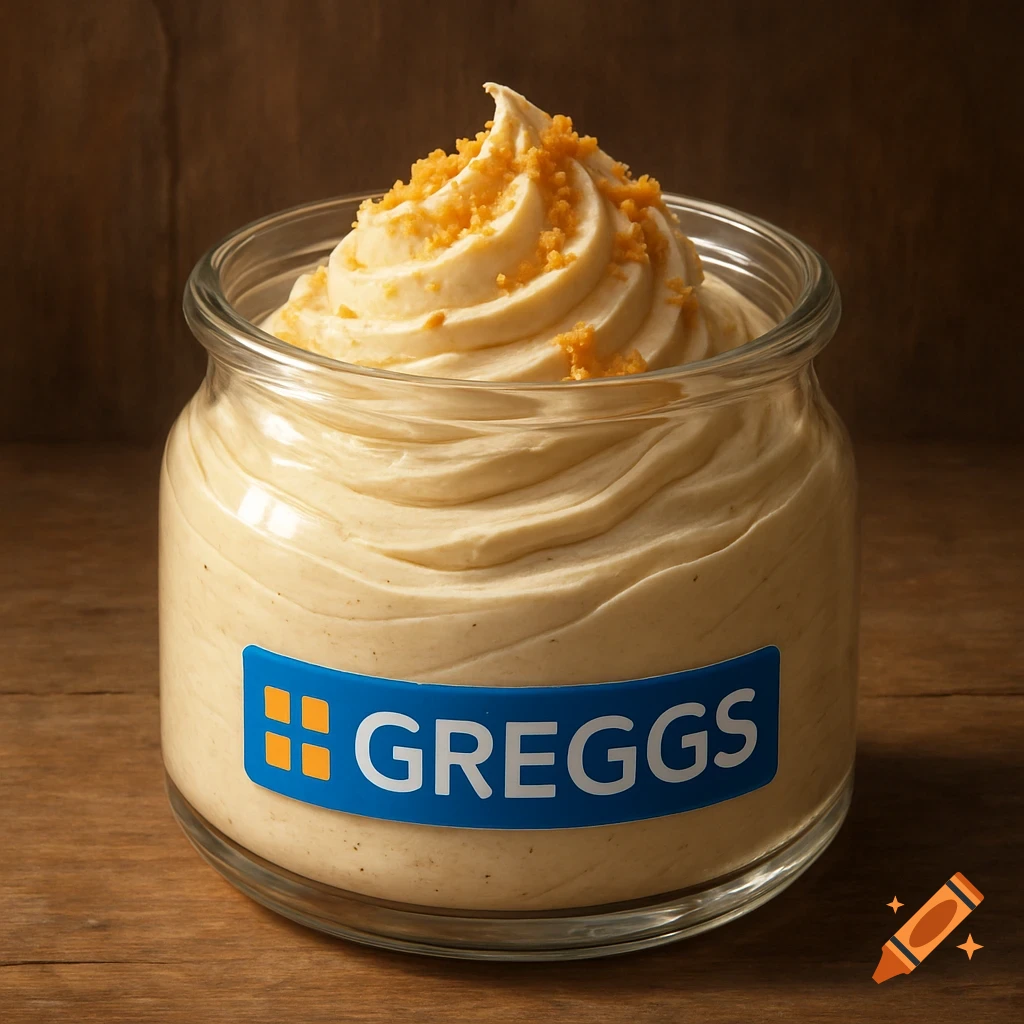 A photorealistic image of light-colored mousse in a glass jar, topped with sprinkles, featuring a blue 'GREGGS' label on a wooden surface.