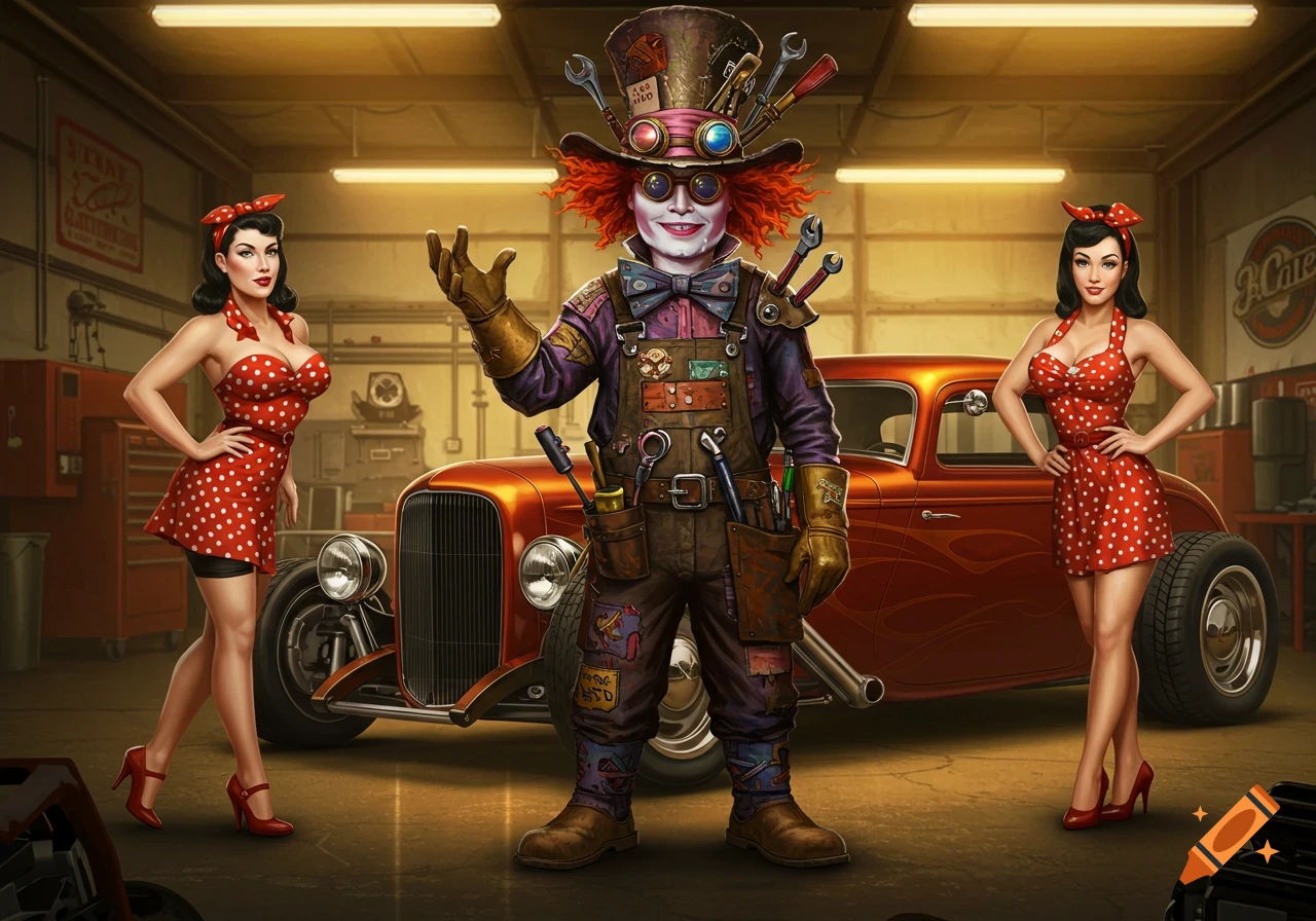 A Mad Hatter-styled character dressed as a mechanic stands between two pin-up girls in red polka dot dresses, in a garage with a red hot rod.