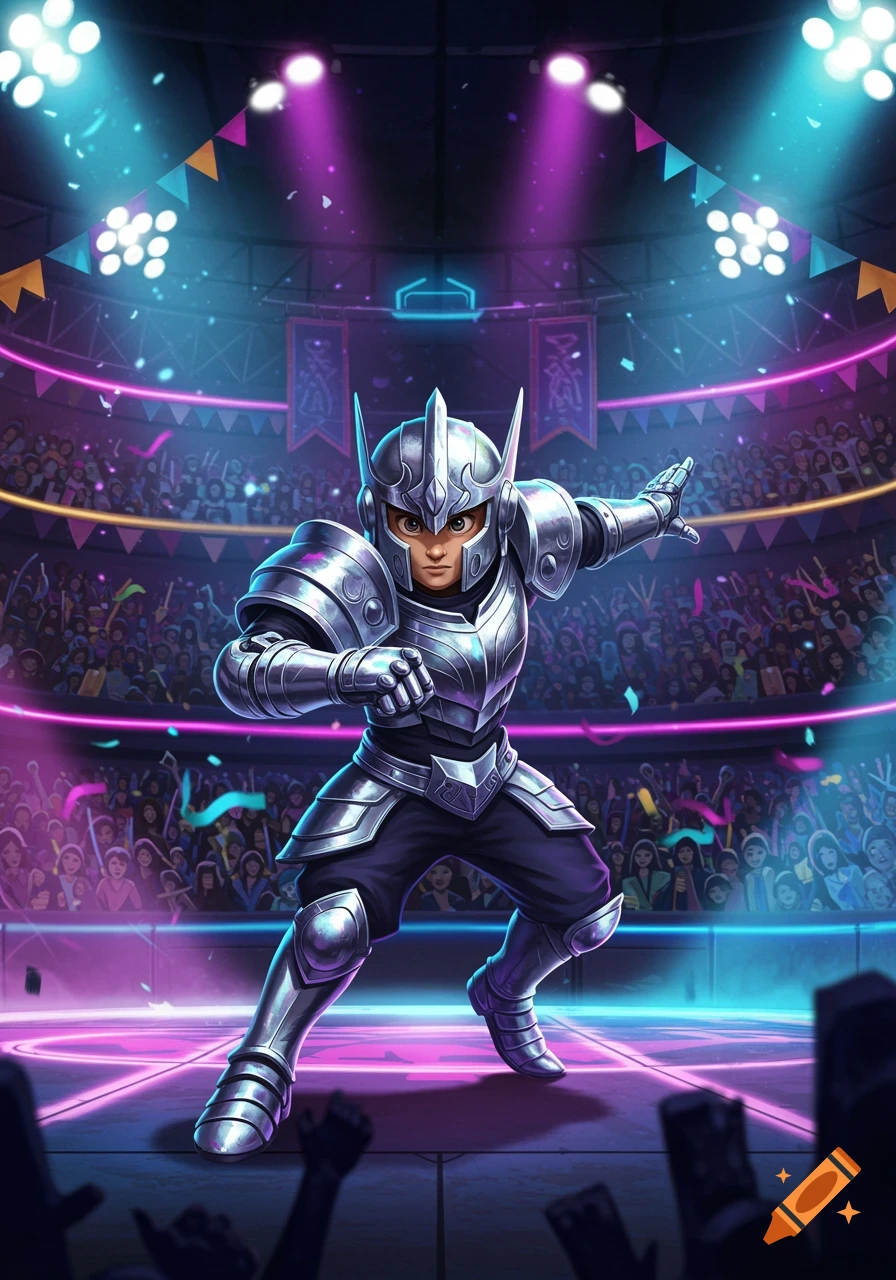 A knight in shining silver armor poses in a vibrant, neon-lit arena, with a cheering crowd in the background. Stylized illustration.