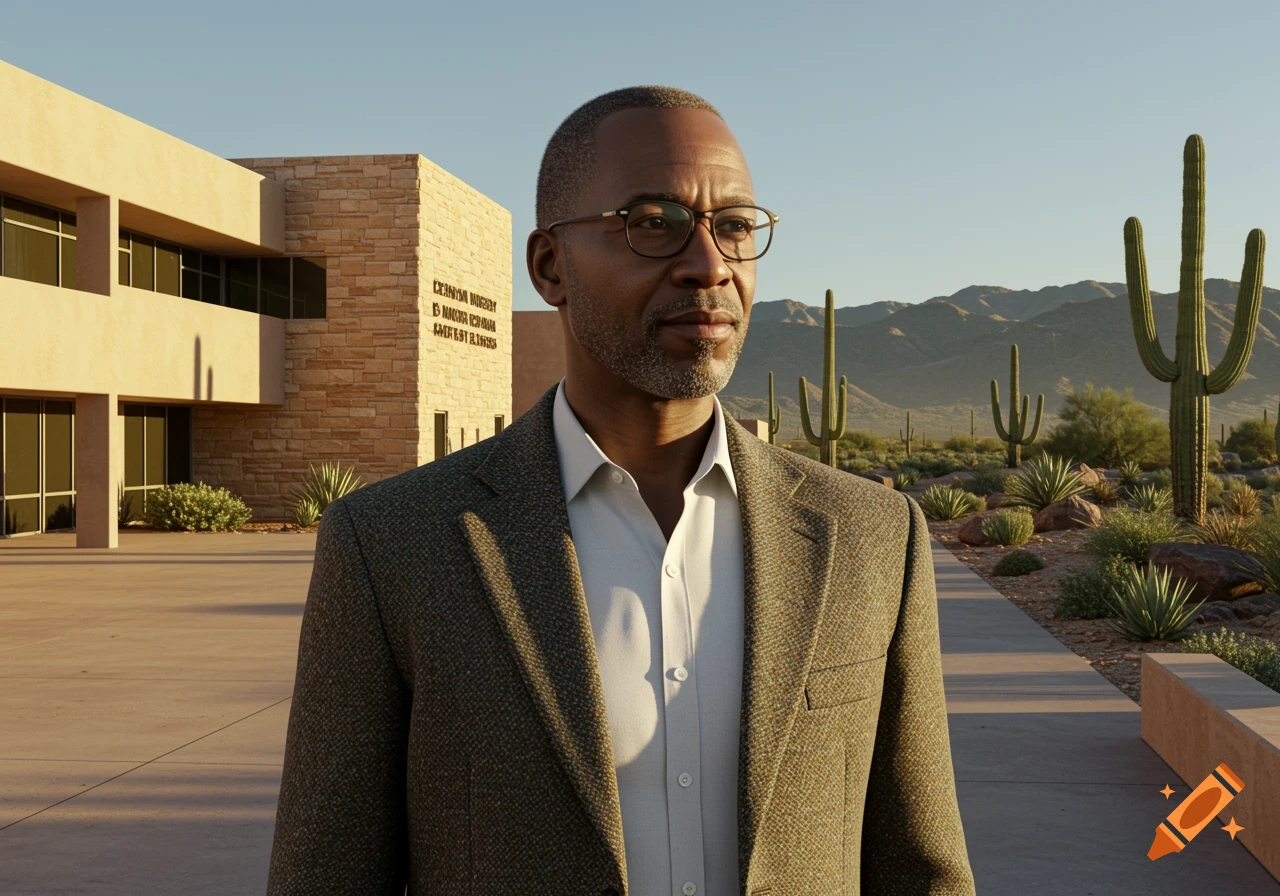 A man in a suit stands outside a building in a desert landscape with saguaro cacti under a clear sky.