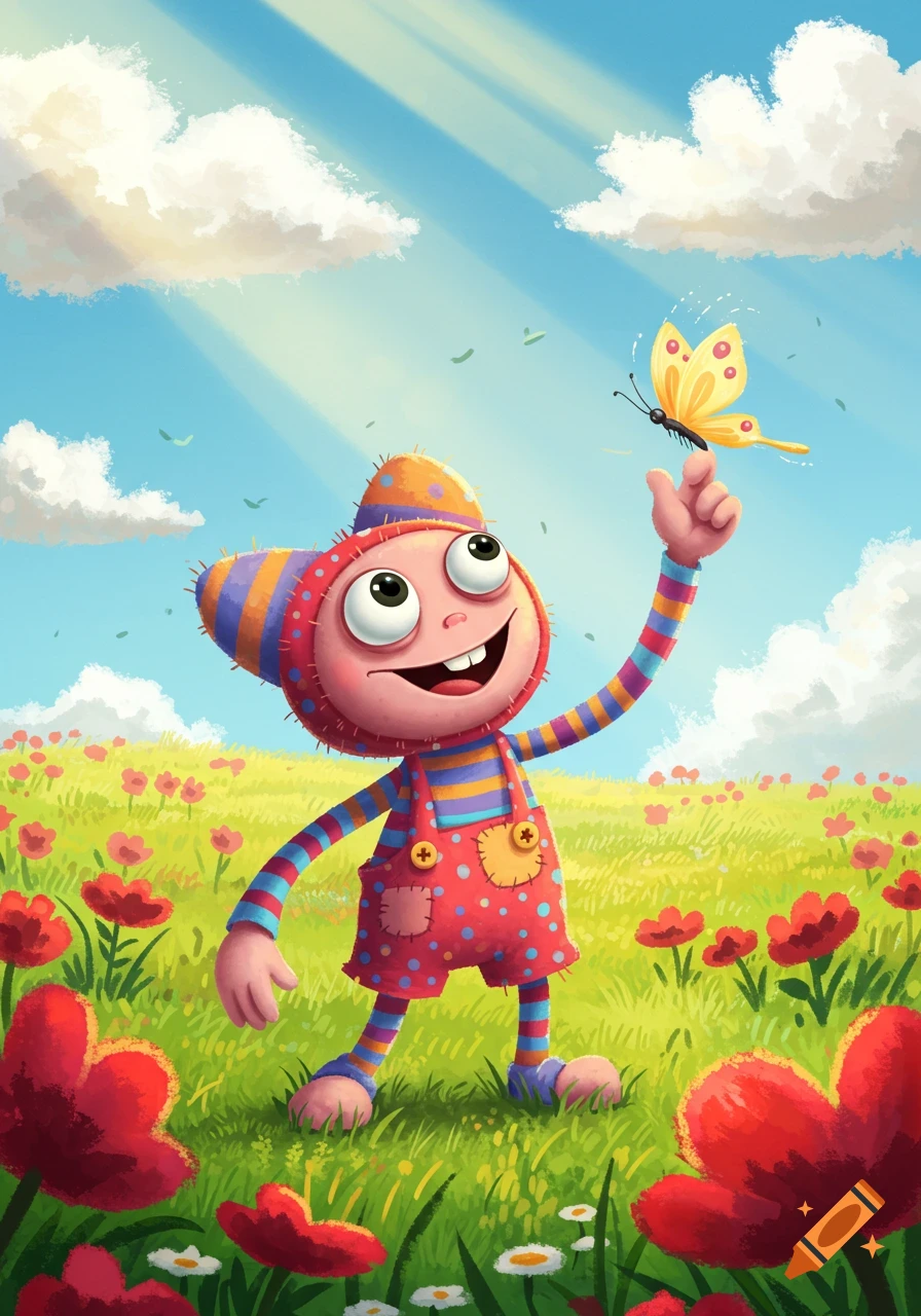 A colorful, cartoony character with big eyes and a wide smile stands in a vibrant green field with red flowers, pointing up at a yellow butterfly.