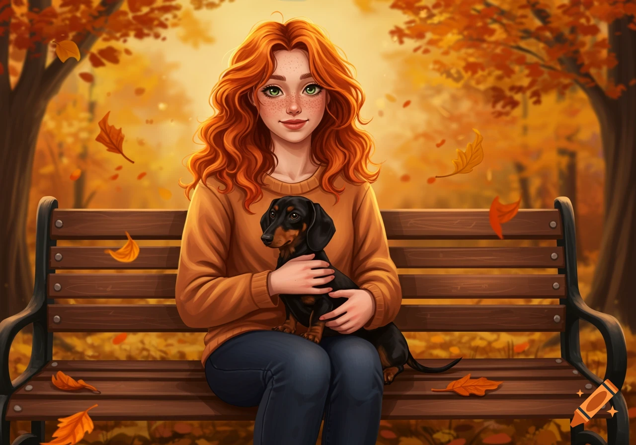 A redhead girl with freckles sits on a park bench in autumn, holding a black and tan dachshund.