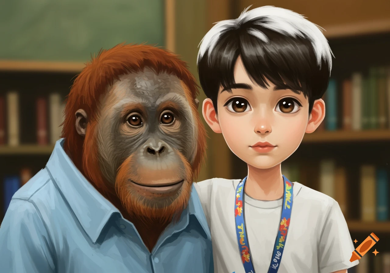 A portrait of an orangutan in a blue shirt next to a young boy with black and white hair, both looking at the camera. The background is a library.
