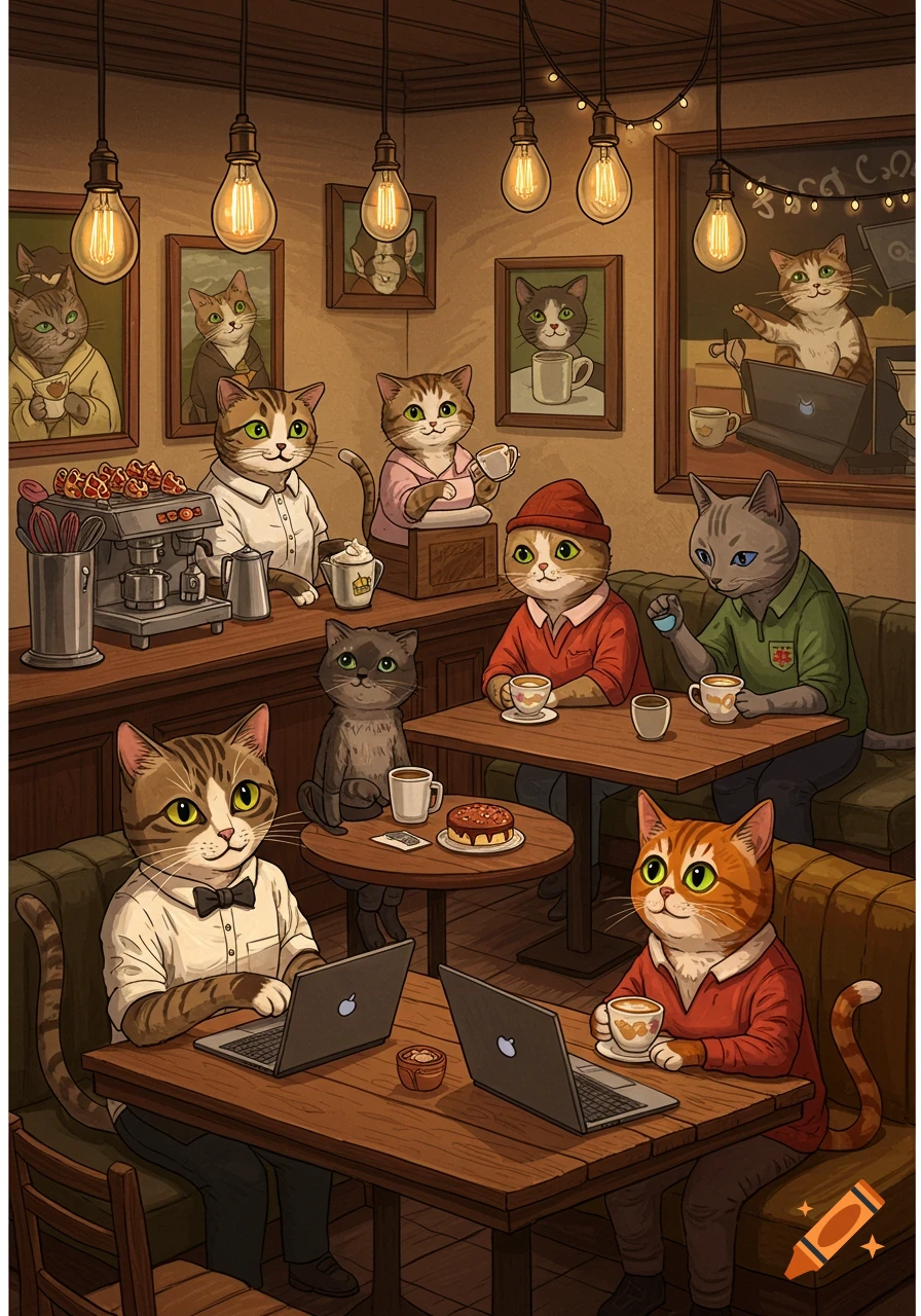 Vibrant illustration of anthropomorphic cats in a cozy cafe, some working on laptops, others enjoying beverages.