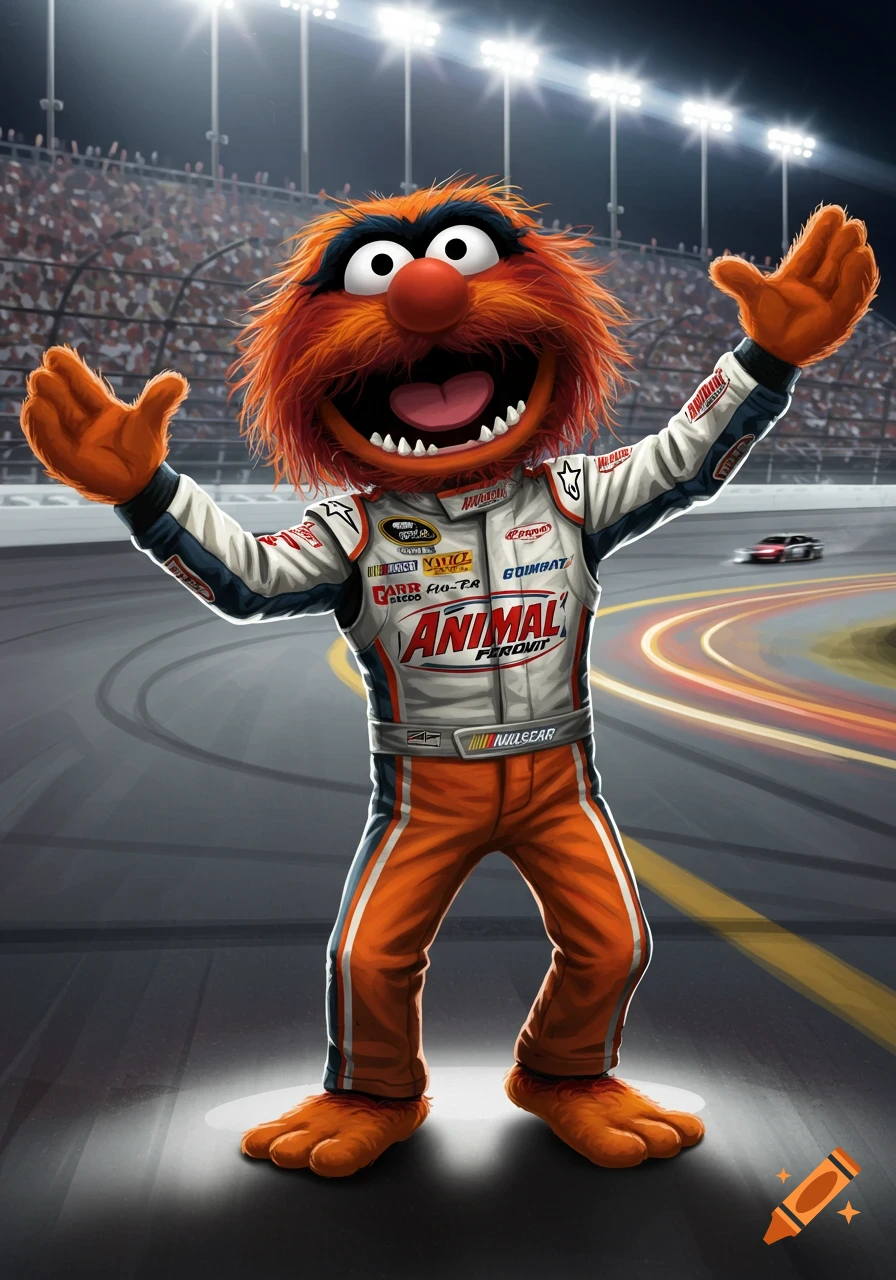 The Muppet's Animal character in a NASCAR racing suit stands on a track at a stadium.