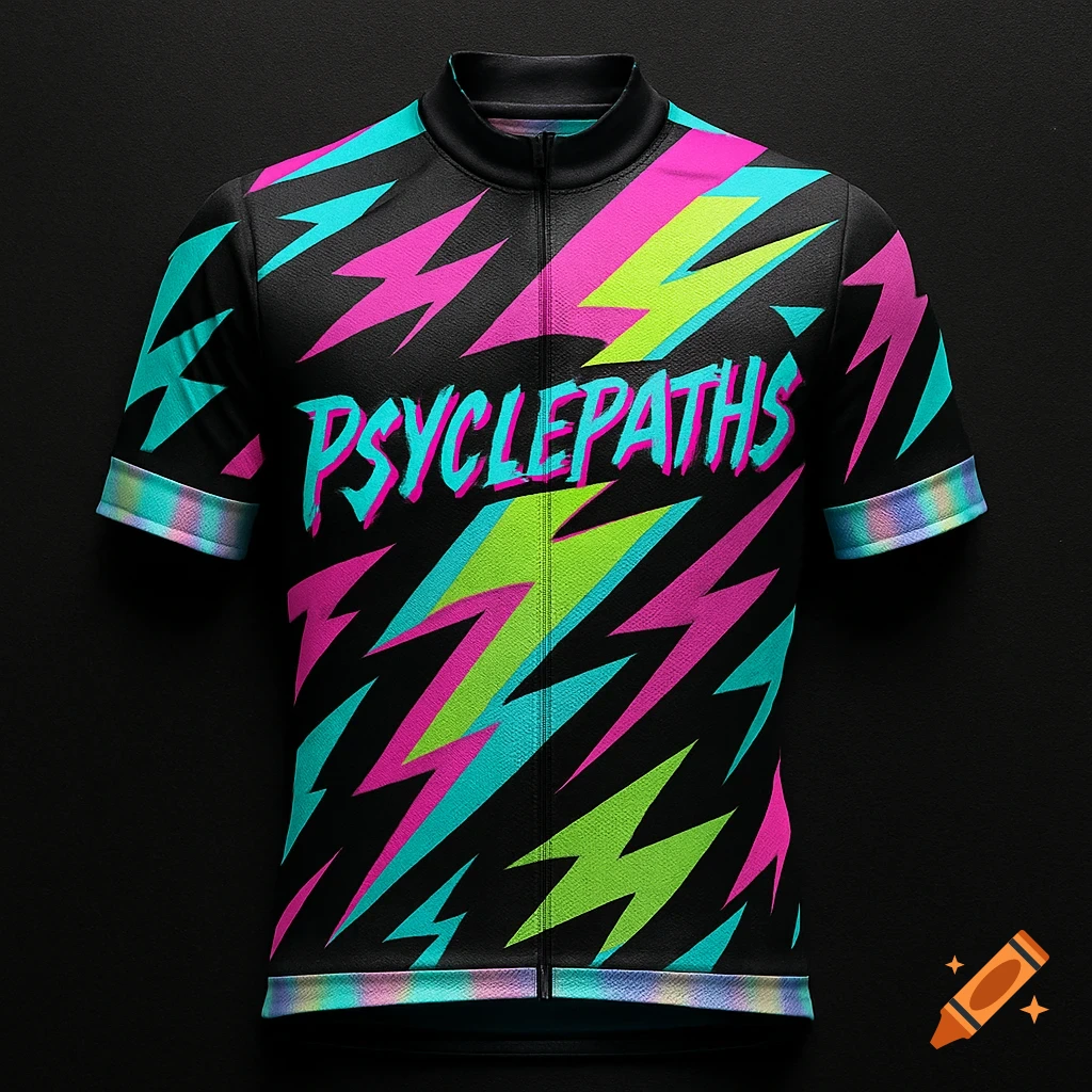 A black bike jersey with vibrant neon pink, green, and blue lightning bolts and 'PSYCLEPATHS' text in a 90s style.