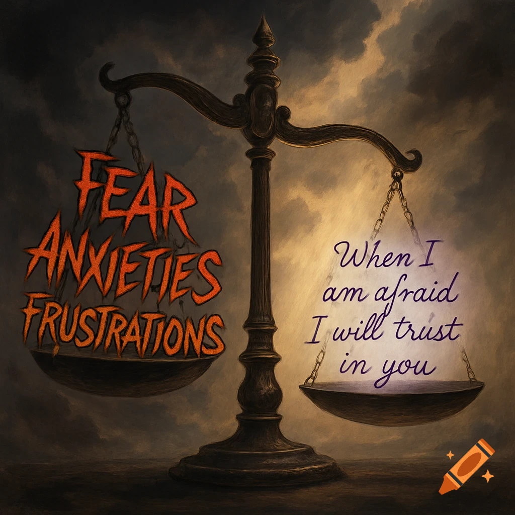 A dark, moody image of a vintage balance scale. The left pan, holding menacing red text 'FEAR ANXIETIES FRUSTRATIONS', is significantly lower than the right pan, which holds elegant purple text 'When I am afraid I will trust in you'.