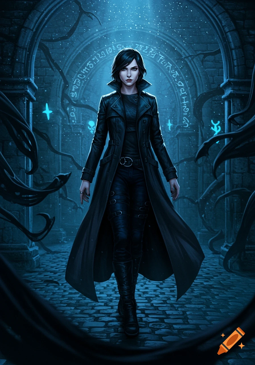 A dark-haired woman in a long black leather coat and pants stands in a gothic archway with glowing blue runes and tendrils.