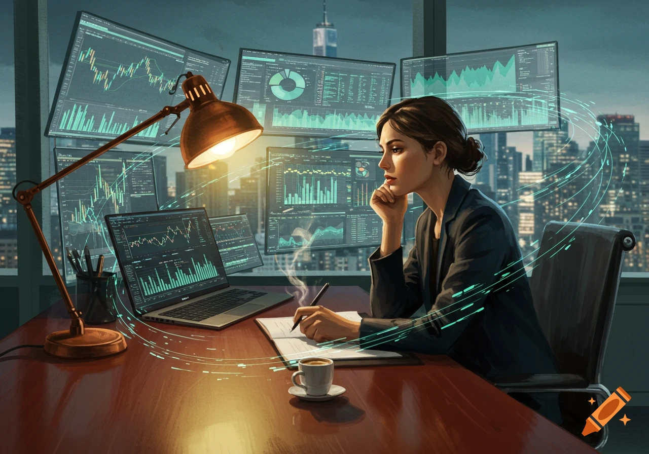 A female financial analyst sits at a desk with multiple computer monitors displaying graphs and data, working in an office with a city skyline view.