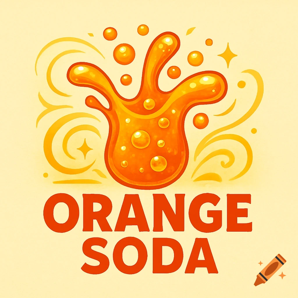 Vibrant orange soda logo with a liquid splash shape, bubbles, and text 'ORANGE SODA' on a light background.