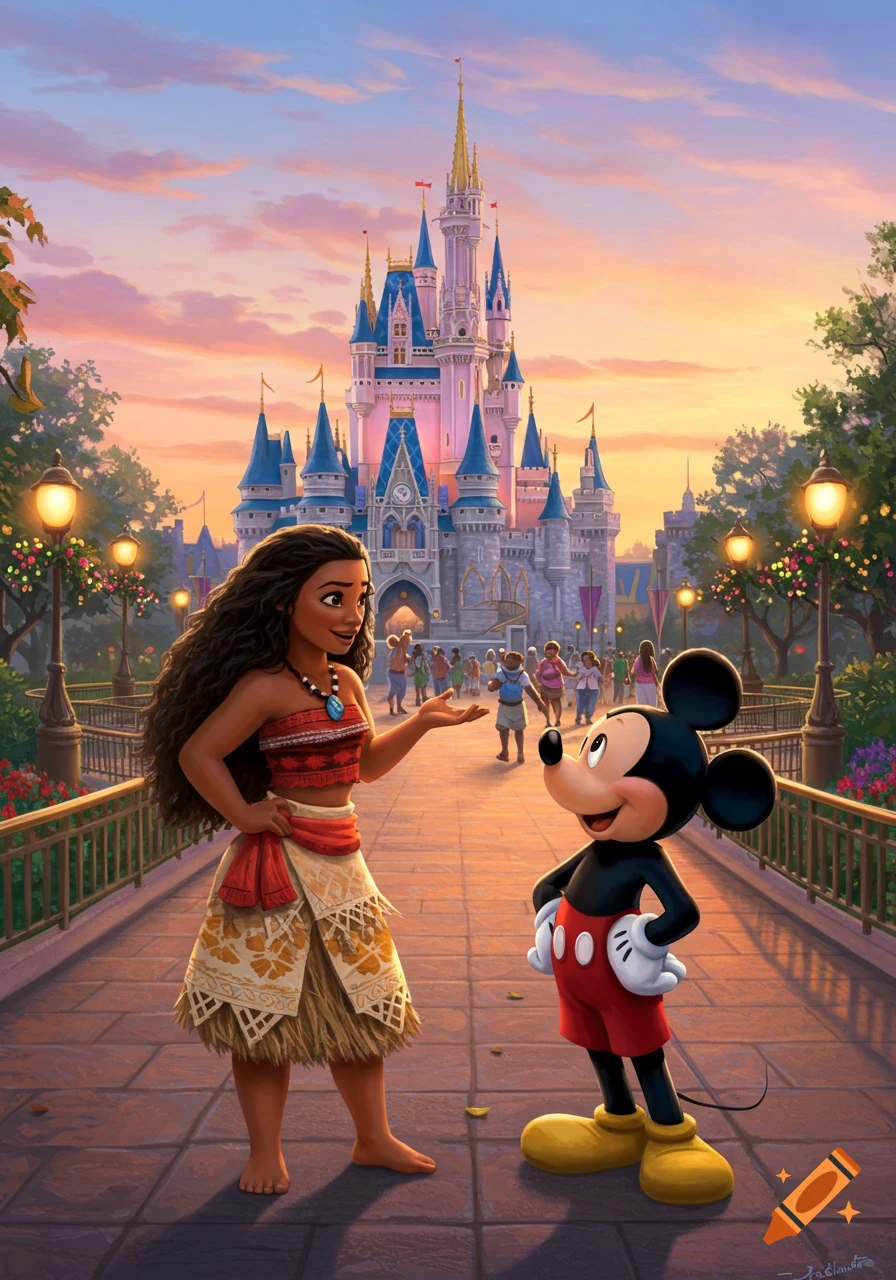 Moana and Mickey Mouse talking on a paved path in front of a Disney castle at sunset.