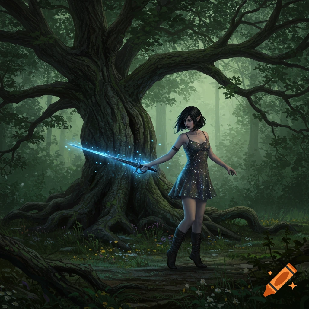 An elven enchantress with black hair in a shimmering dress holds a glowing blue sword in a dark forest beside an ancient tree.