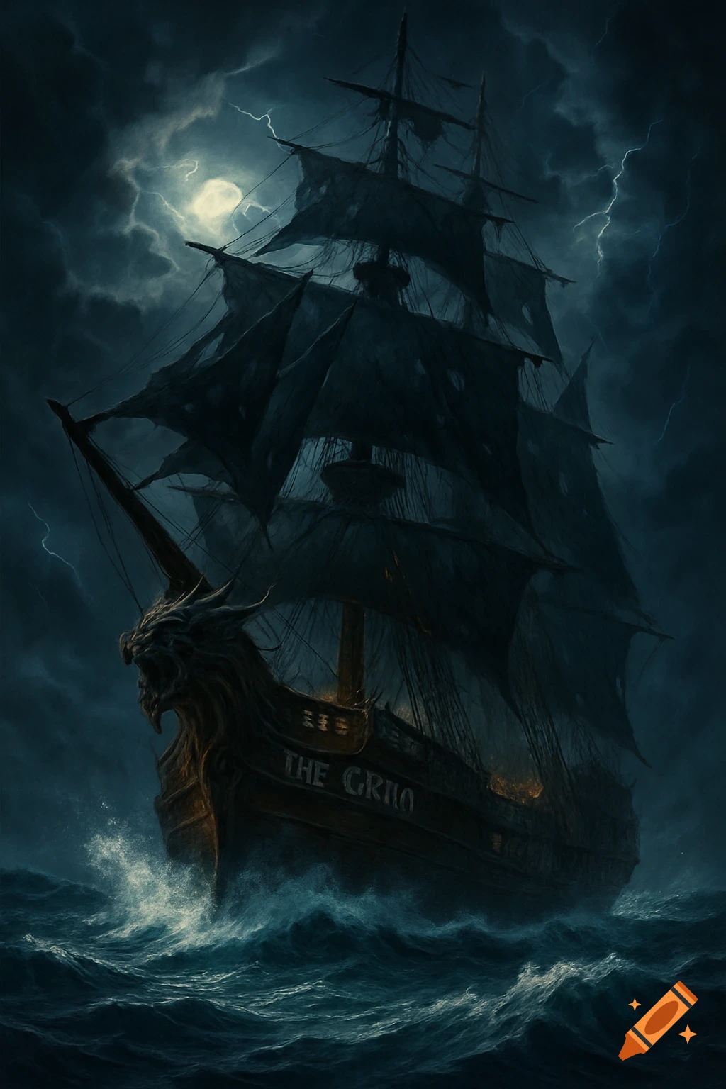An ominous pirate ship with tattered sails and a dragon figurehead sails through a stormy sea under a full moon and lightning at night.