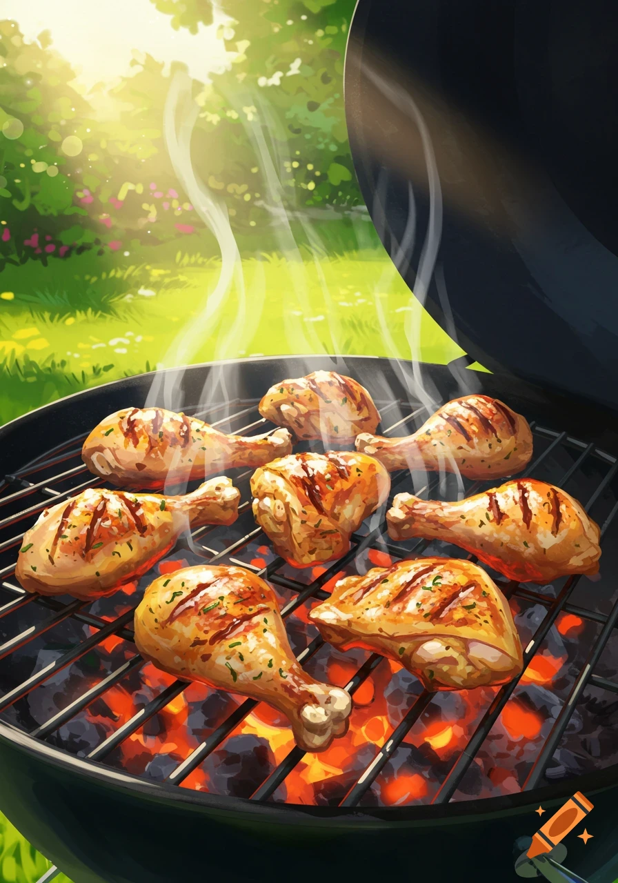 Chicken drumsticks and thighs cooking on a smoking BBQ grill in a sunny outdoor backyard setting.
