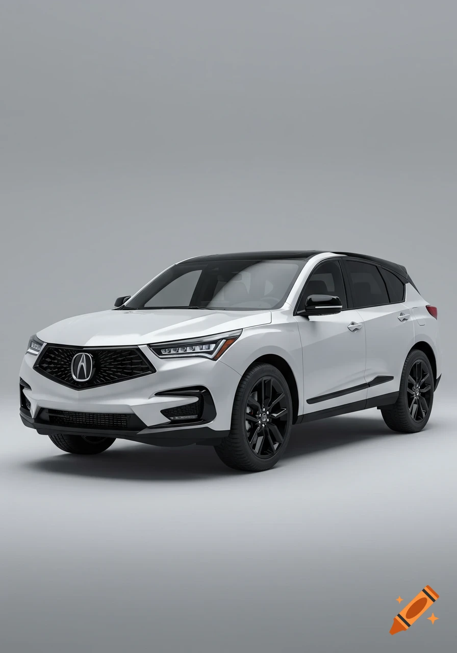 Photorealistic front three-quarter view of a white Acura RDX SUV with a black roof and black wheels on a neutral gray studio background.