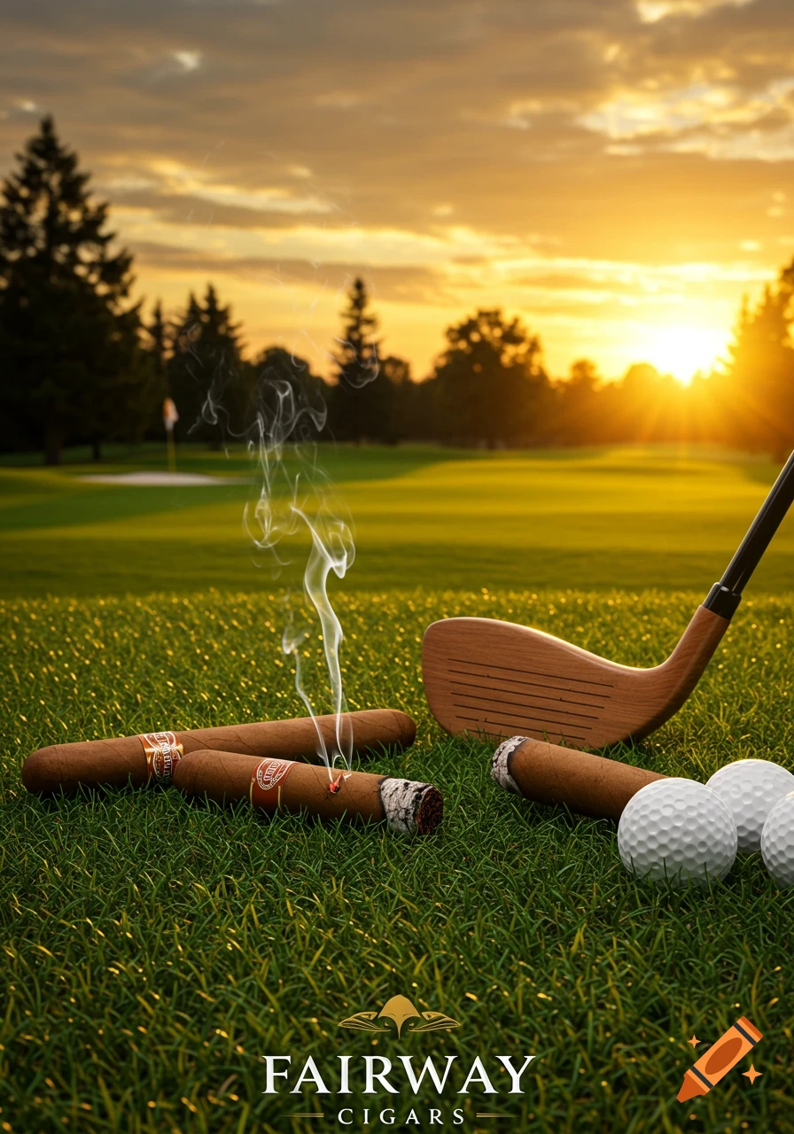 Cigars, golf balls, and a golf club on a grassy golf course at sunset, with 'FAIRWAY CIGARS' branding.