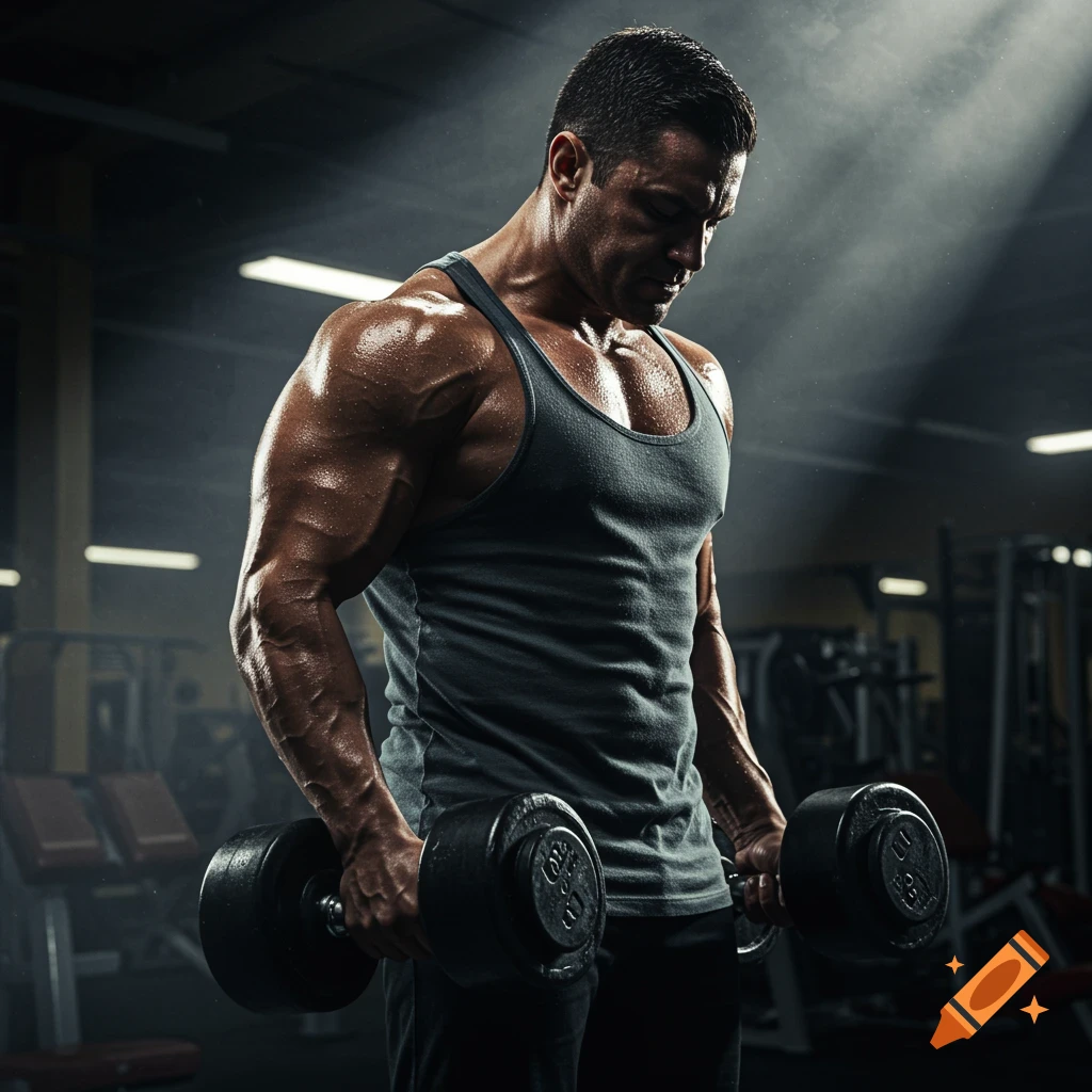 A muscular, sweaty bodybuilder in a tank top holds dumbbells in a dimly lit gym, looking down in concentration. Photorealistic.