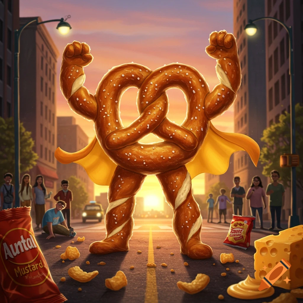 A muscular pretzel superhero in a yellow cape stands triumphantly on a city street at sunset, with scattered snacks and onlookers in the background.