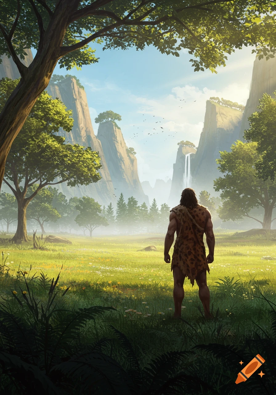 A caveman stands with his back to the viewer, looking out over a lush green valley with distant mountains and a waterfall under a bright sky.