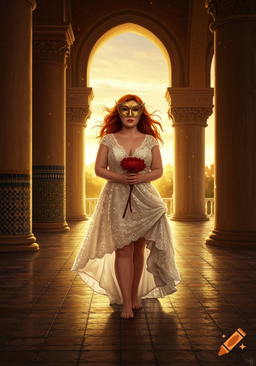 A woman with long red hair and a gold Venetian mask, wearing a white lace dress, stands in a hallway with arches and pillars, holding a red flower.
