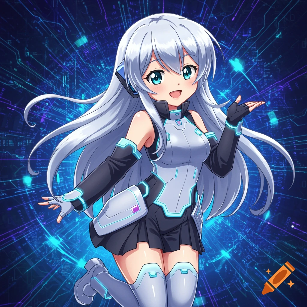 An anime girl with long silver hair and a blue and white futuristic suit stands against a vibrant blue digital circuit background.