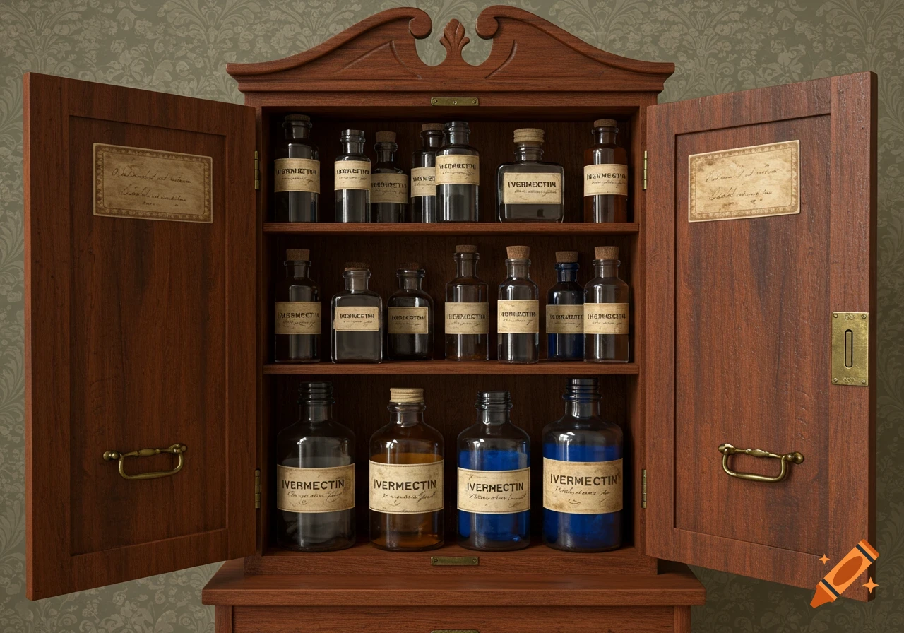 An open wooden medicine cabinet filled with many bottles labeled 'Ivermectin'. The cabinet is set against a green patterned wall.