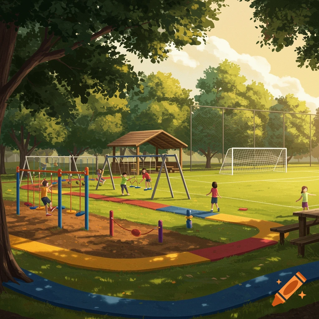A vibrant, sunny playground with children playing on swings and a trim trail, adjacent to a football field, surrounded by lush green trees.