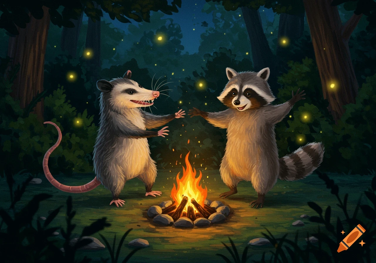 An illustrated possum and raccoon joyfully dance around a campfire in a dark, firefly-lit forest at night.