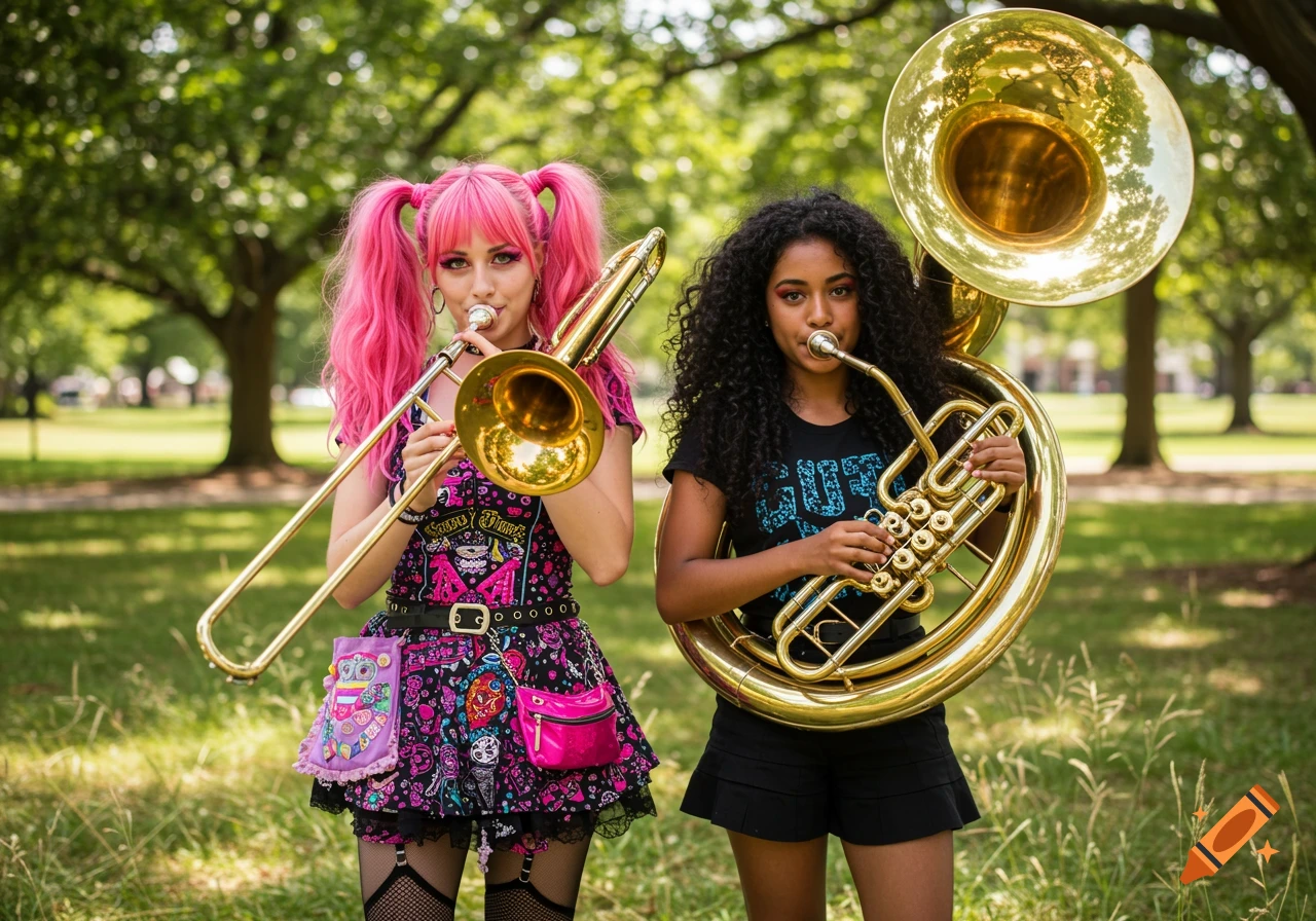 Two young women, one with pink pigtails and a trombone, the other with curly hair and a tuba, standing in a sunny park.