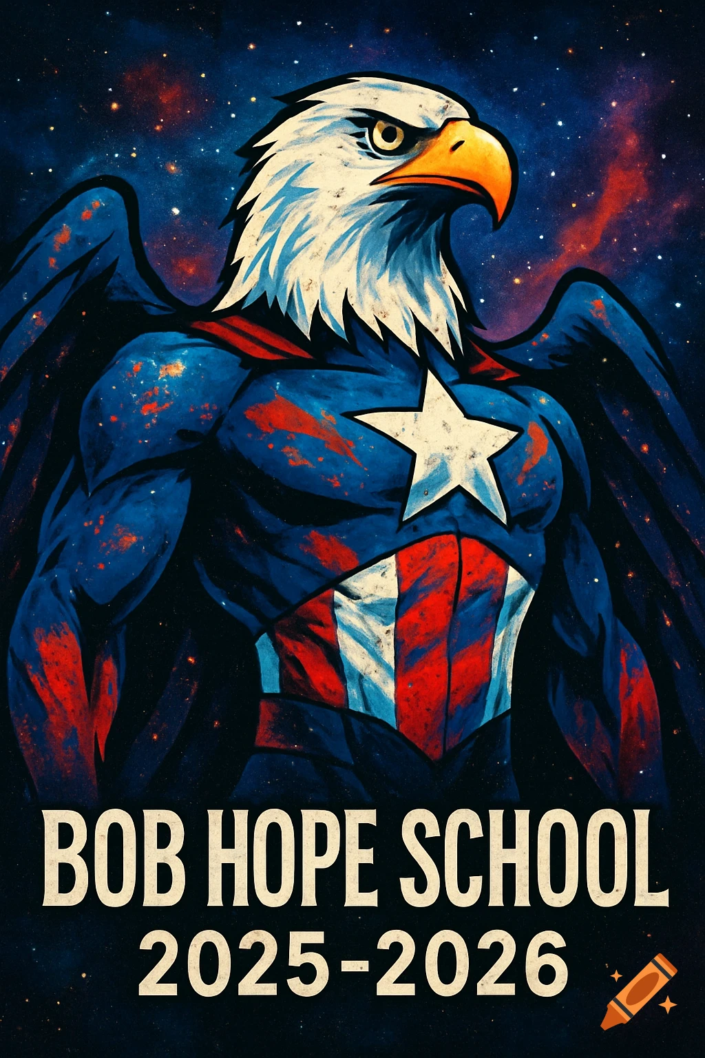 A stylized drawing of an eagle superhero in a red, white, and blue suit with a star, against a starry space background. Text reads 'BOB HOPE SCHOOL 2025-2026'.