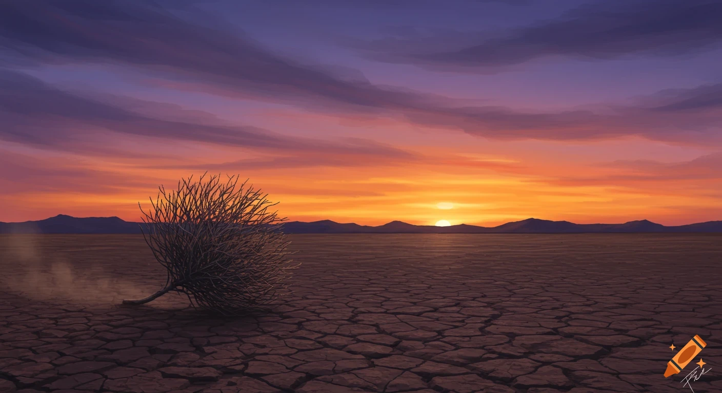 Tumbleweed on cracked desert ground under a vibrant sunset sky with mountains in the distance, digital painting.