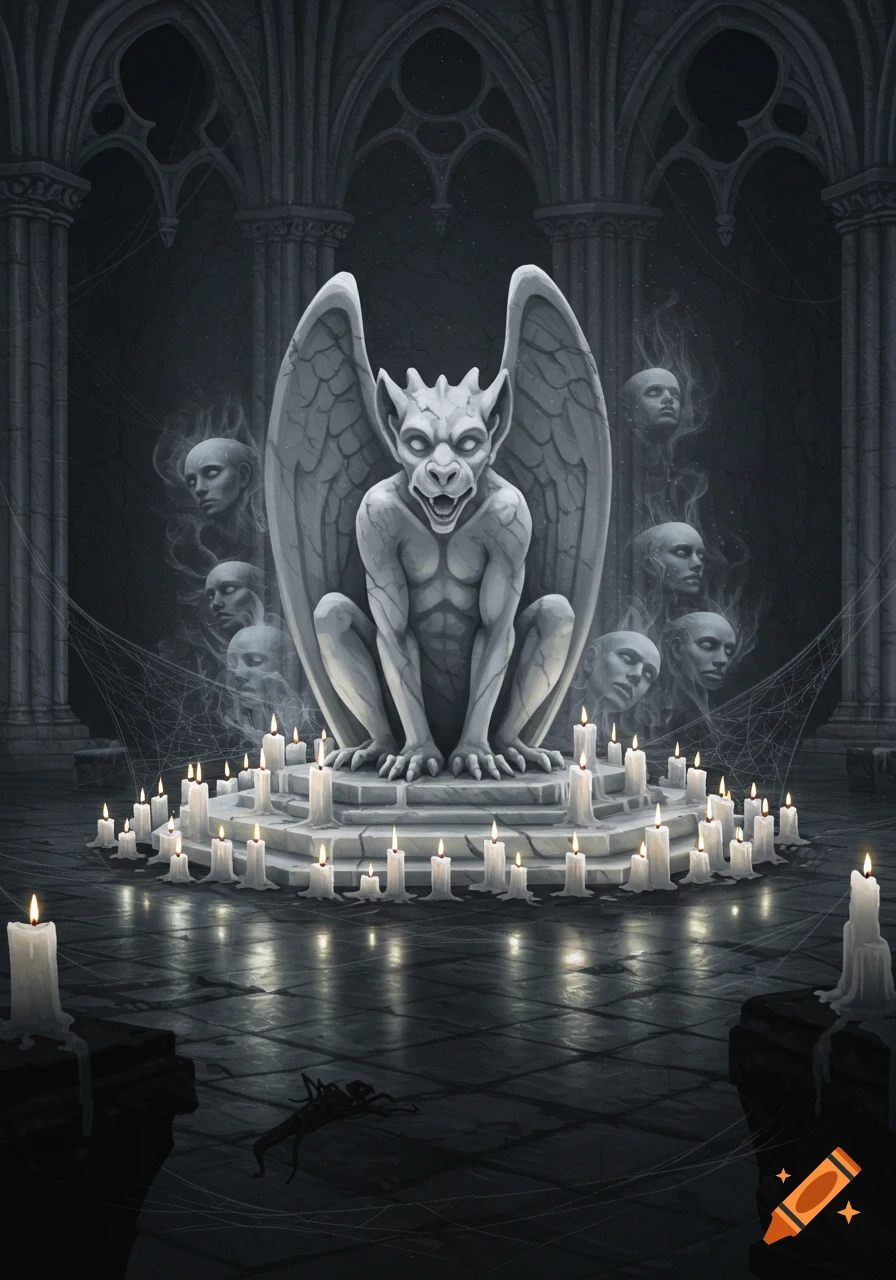 A gray stone gargoyle statue with wings in a dark gothic chamber, surrounded by many lit white candles. Ghostly faces float in the smoke, with spider webs visible.