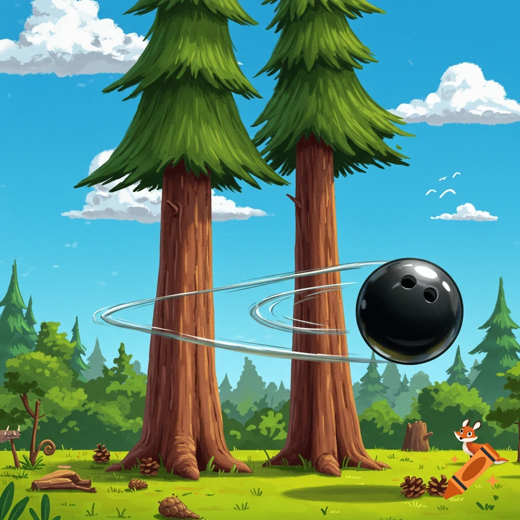 A cartoon forest scene with two tall trees. A black bowling ball with motion lines flies through the air, and a small fox sits on the grass.