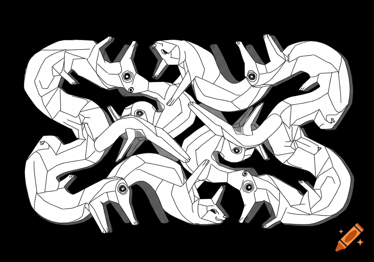 A black and white M.C. Escher-style tessellation of geometric otters on a black background.