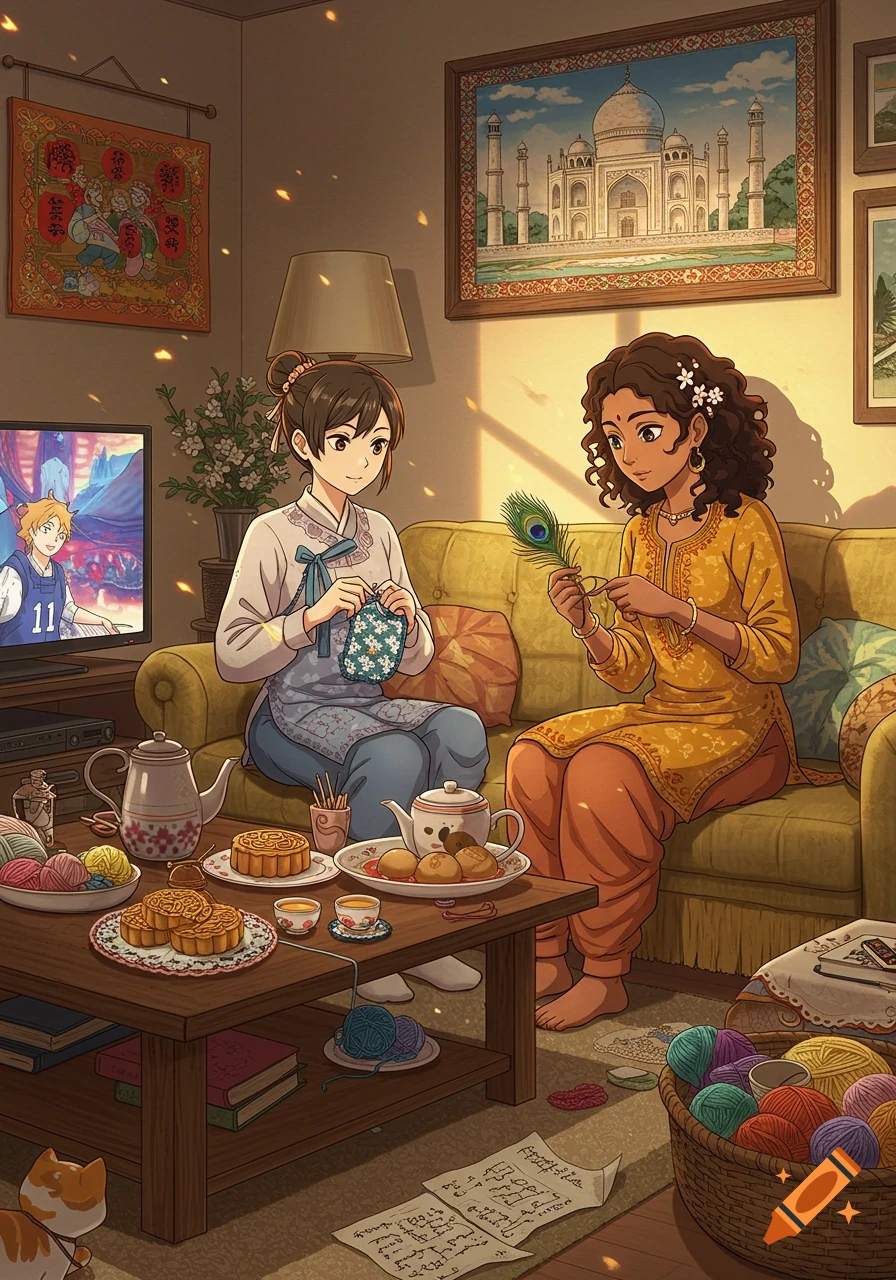 Two anime-style women, one Chinese and one Indian, crochet and craft in a sunlit living room with tea, mooncakes, and yarn.