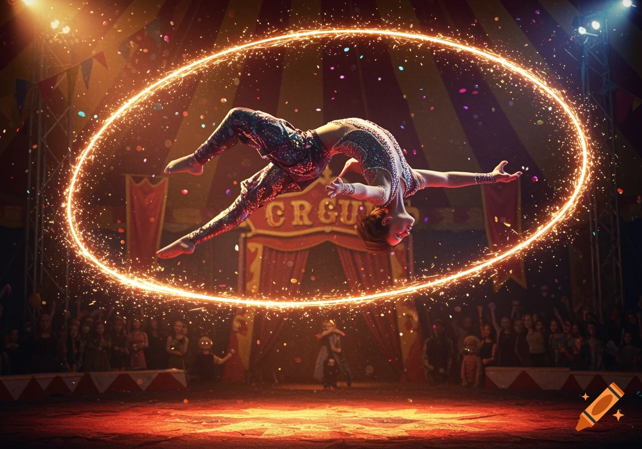 A circus performer in a sparkling costume performs an acrobatic backflip inside a glowing ring of sparkling light within a circus tent.