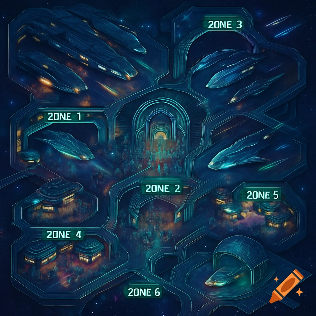 A detailed sci-fi RPG map of a spaceport with six labeled zones, featuring various spacecraft and futuristic buildings.