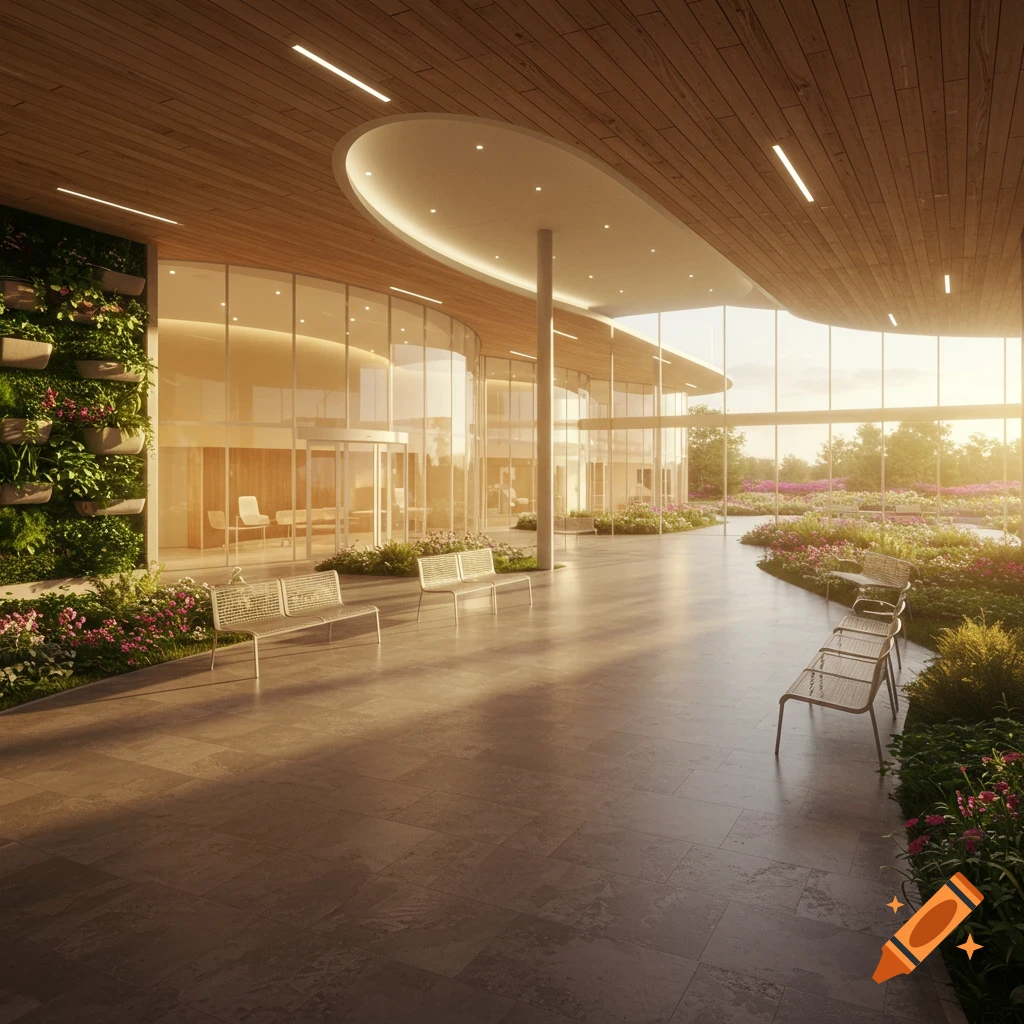 Modern building with curved wooden ceiling, glass walls, living green wall, and benches, opening to a vibrant flower garden.