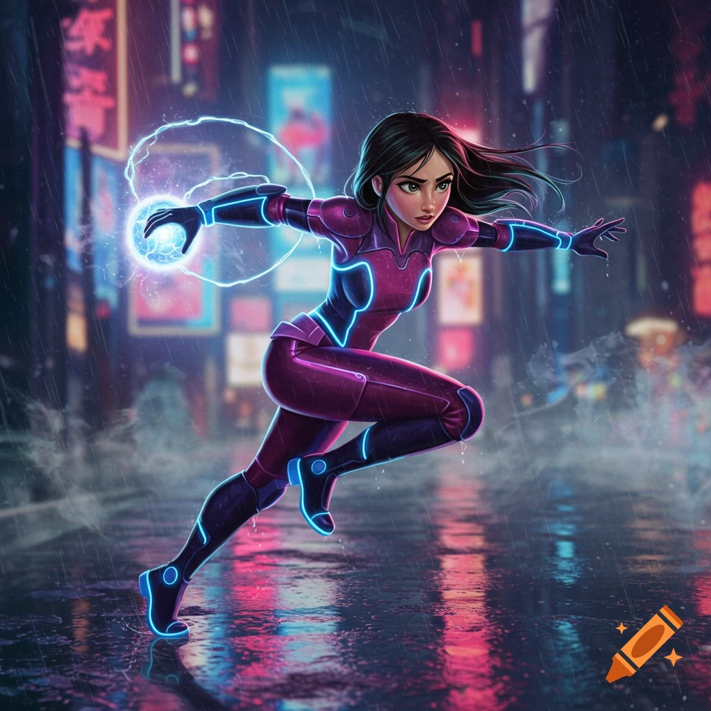 A stylized female superhero in a vibrant purple suit with glowing blue accents runs in a neon-lit, rainy cyberpunk city, throwing a blue energy orb.