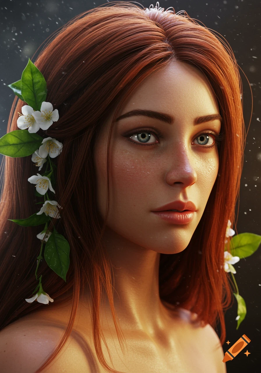 A close-up hyper-realistic digital portrait of a woman with long reddish-brown hair adorned with white jasmine flowers, looking directly at the viewer.
