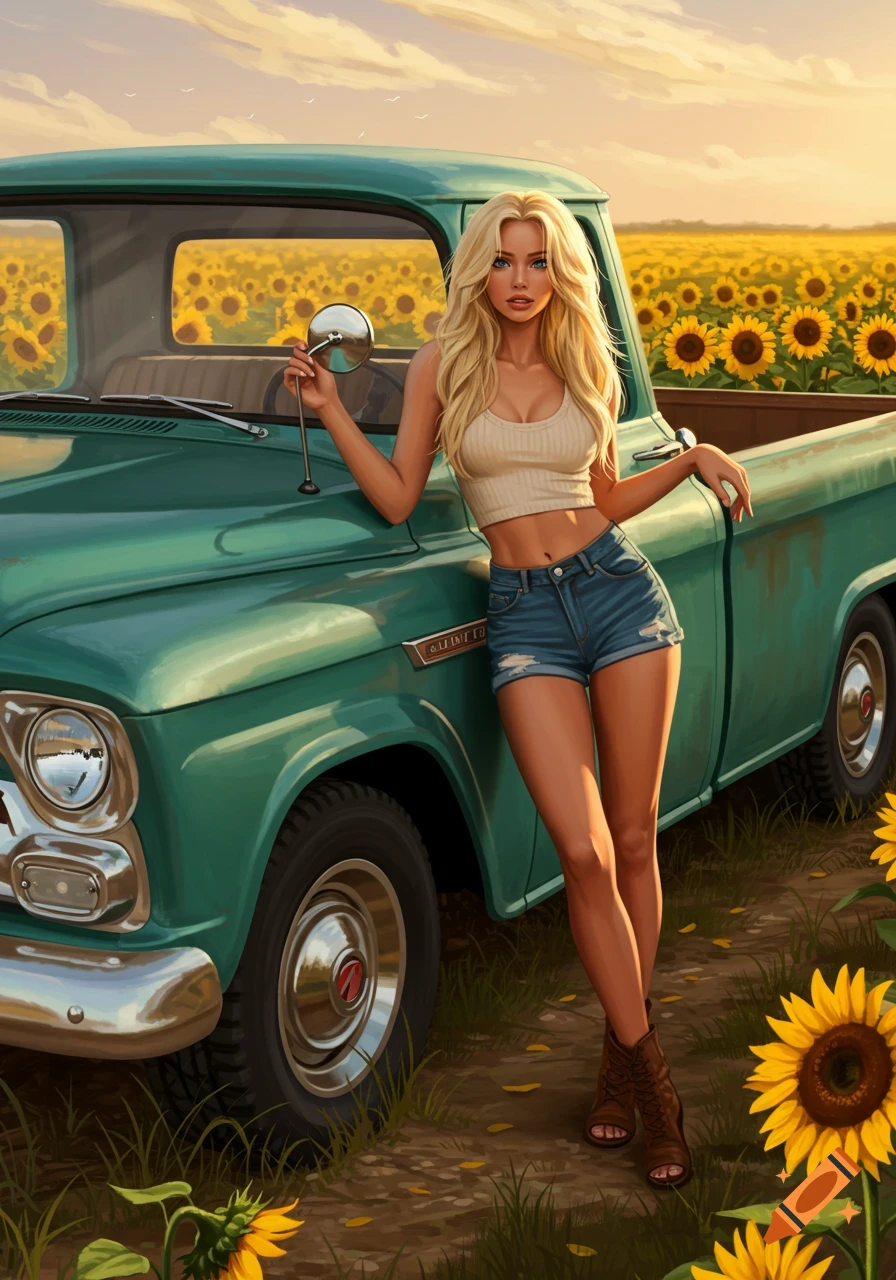 A blonde woman in a tank top and shorts leans on a vintage green pickup truck in a sunflower field at sunset.