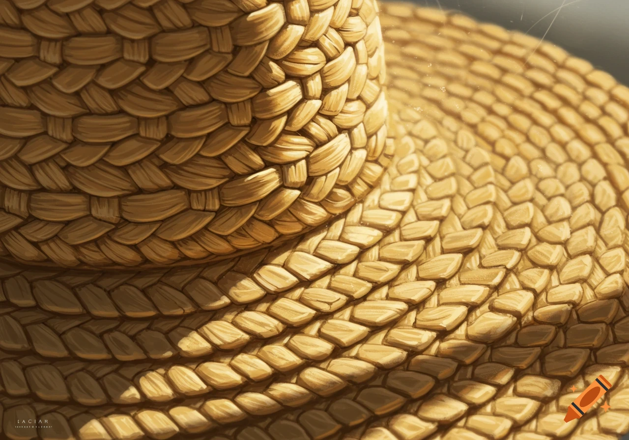 Close-up of the intricate woven straw texture of a sun hat with shadows and highlights.