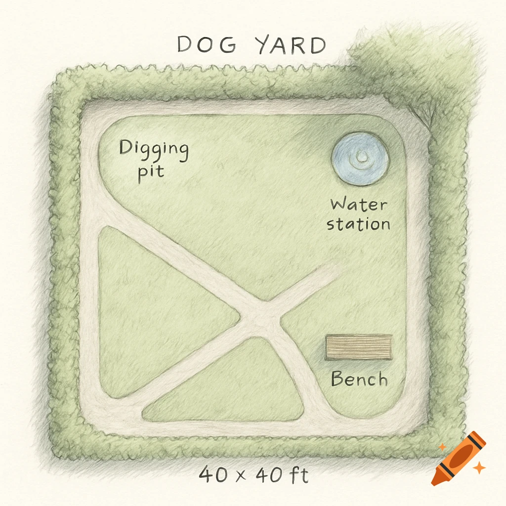 A top-down, colored pencil sketch of a 40x40 ft dog yard plan, showing labeled areas like a digging pit, water station, bench, and pathways, surrounded by a shrub border.