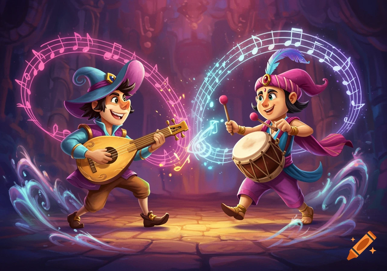 Two vibrant cartoon characters play music, one with a lute and one with a drum, surrounded by glowing musical notes.