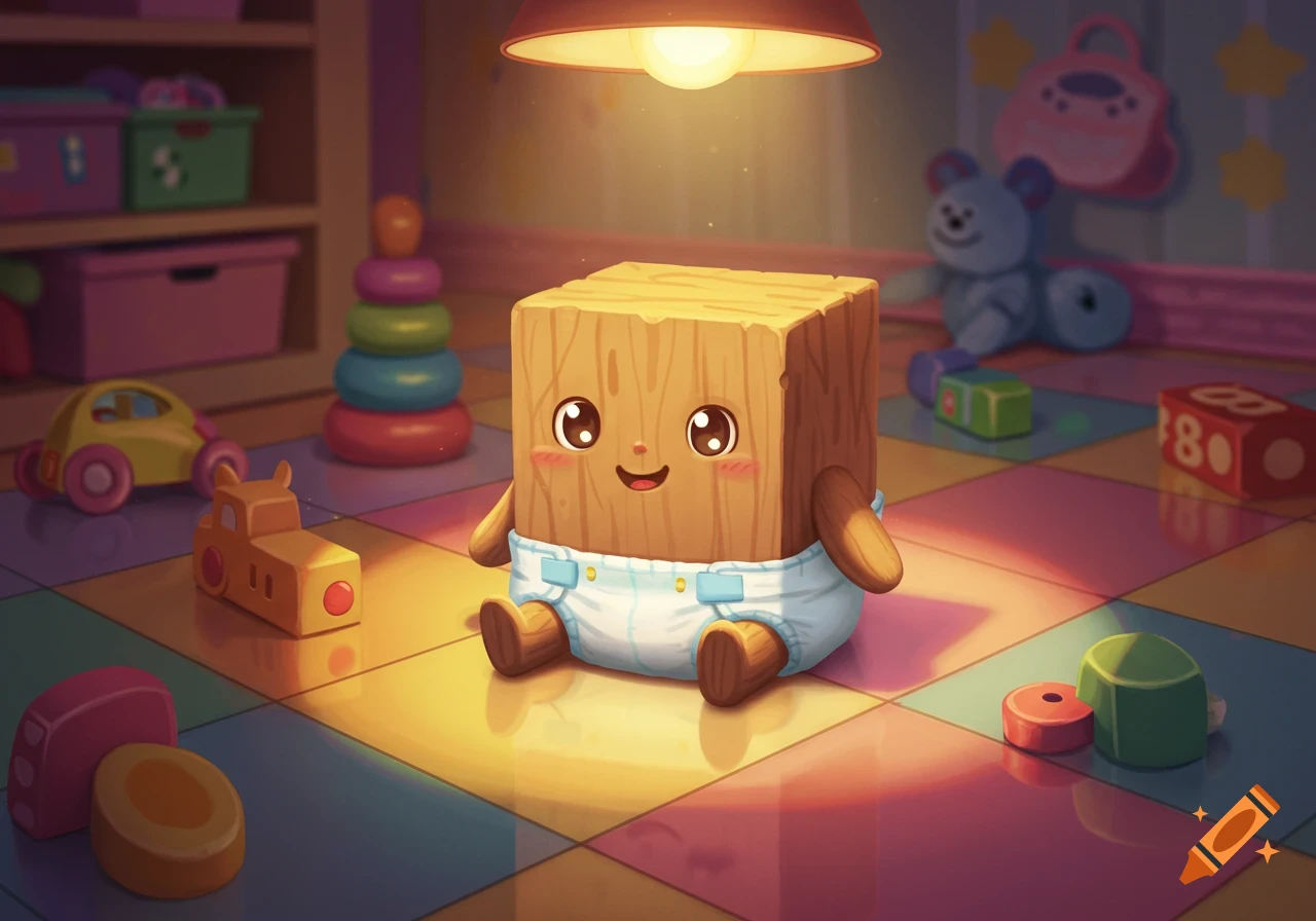 A cute cartoon wooden block character in a diaper sits on a colorful tiled floor in a playroom, surrounded by toys.
