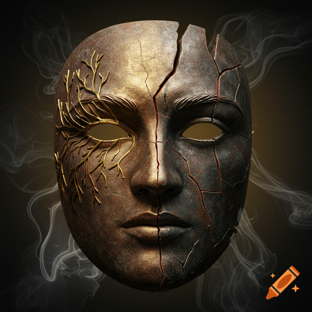 A split, metallic mask with golden branches on one side and cracks revealing red light on the other, against a smoky dark background.