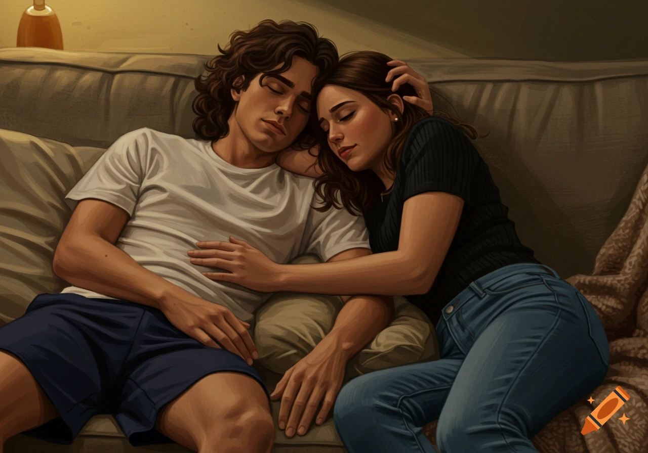 Digital painting of a young couple, Jonatan and Lila, asleep on a couch, embracing intimately in warm amber light.