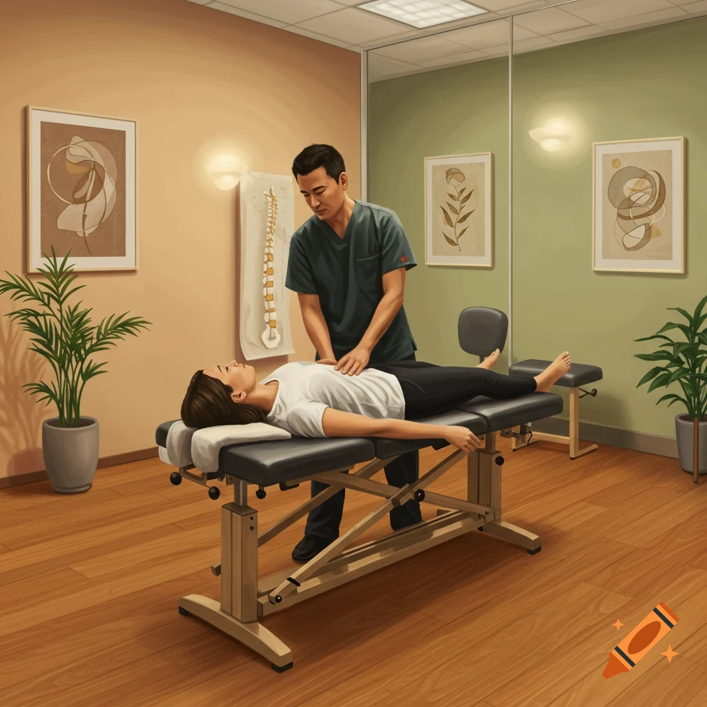 A chiropractor performs an adjustment on a patient lying on a table in a clinic room, with plants and art.