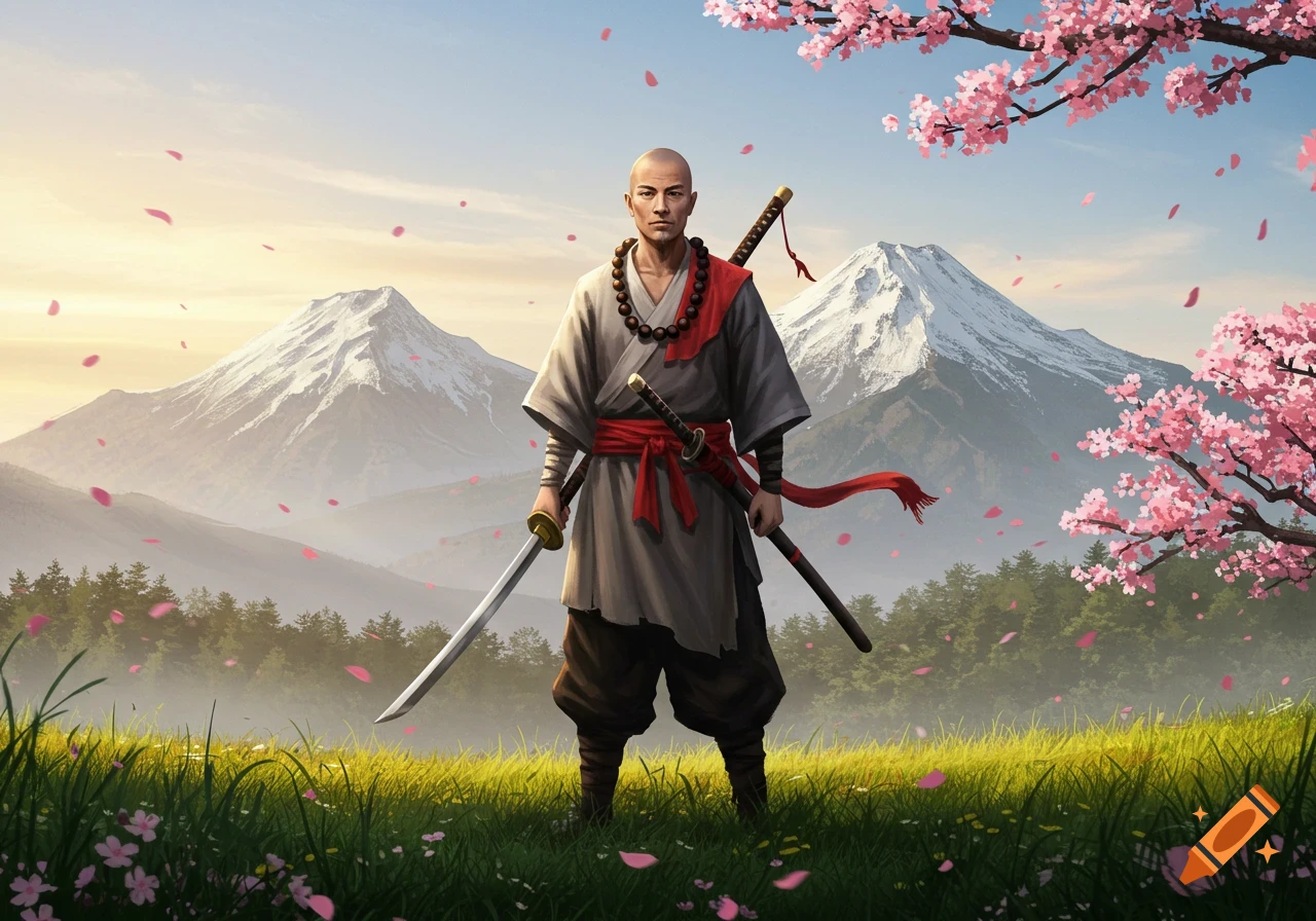 A bald warrior with swords stands in a field of grass and cherry blossoms, with snow-capped mountains in the background.